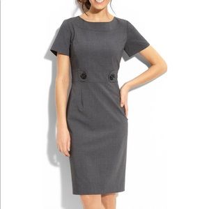 Tahari Button Waist Gray Woven Sheath Dress
